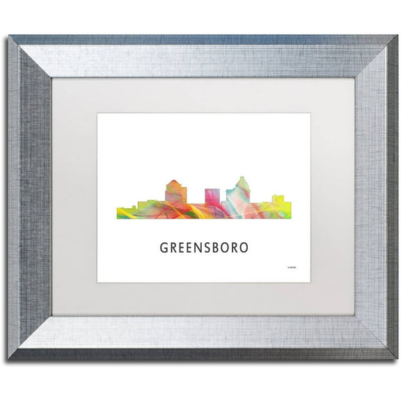 Trademark Fine Art 'Greensboro NC Skyline WB-1' Canvas Art by Marlene Watson, White Matte, Silver Frame