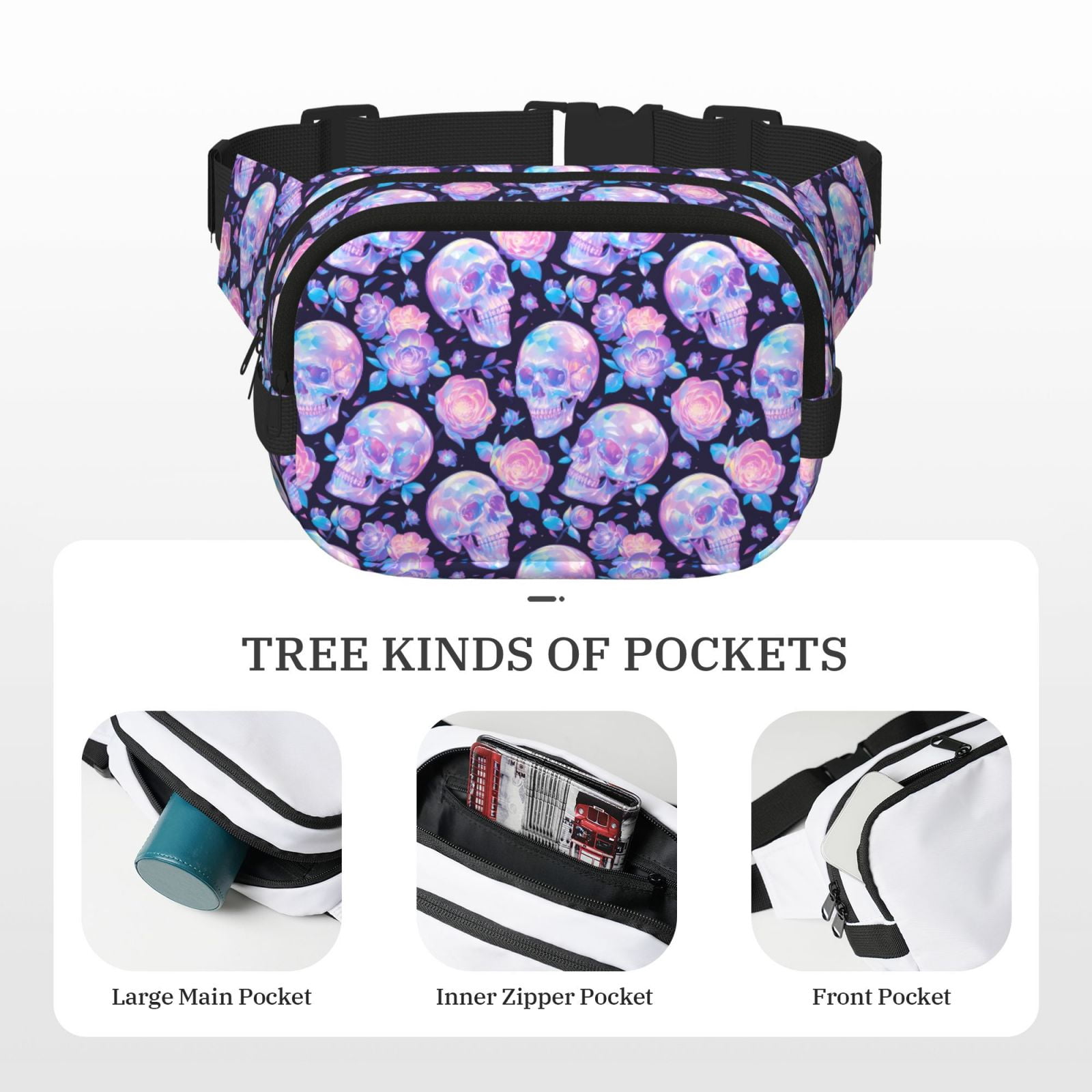Picia crystal Skull flower Print Square Double-Layer Waist Bag Mini Adjustable Waist Belt Bag Exercise Running Travel Hiking