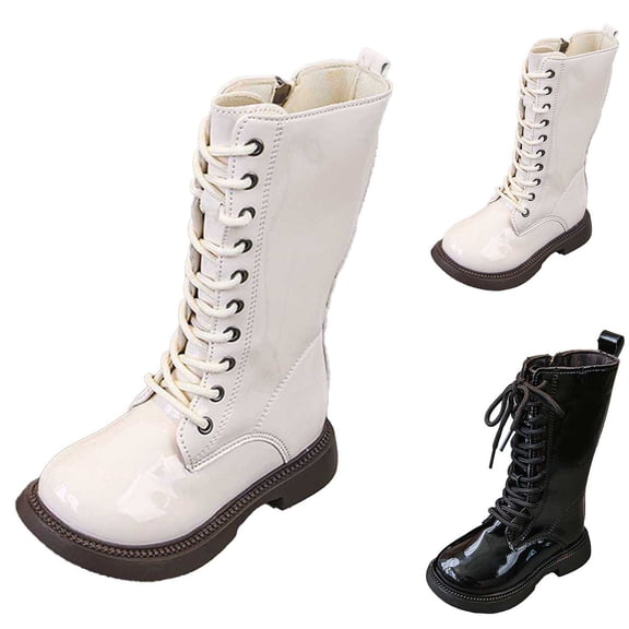 CAIXIA Girls Leather Lace Up Knee High Boots Riding with Side Zipper Fashion Round Toe Pu Leather Combat Boots Punk Goth Shoes Back To School Bowknot Winter Shoes for Little Big Kid