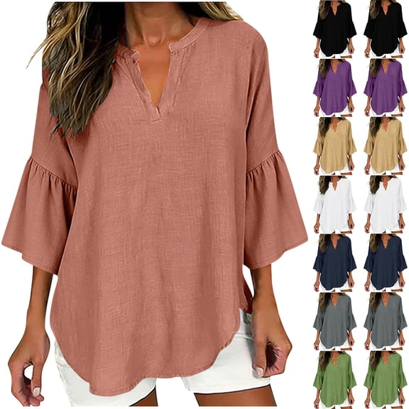Horkkom 3/4 Length Sleeve Womens Tops Summer V Neck Linen Shirts Casual Solid Color Loose Blouses L