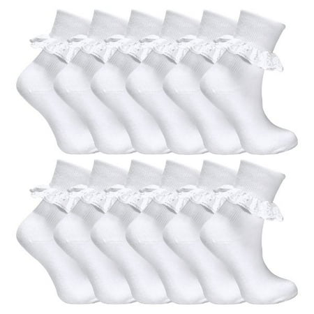 

12 Pair Multipack White Frilly Lace Socks | 7 Sizes | Sock Snob | Girls Cute Cotton Rich School Socks