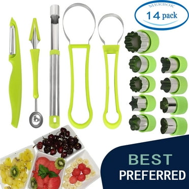 14 packs of melon ball spoon set-four in one stainless steel fruit tool set with fruit spoon seeder set in the shape of fruit and vegetable cutting machine, fruit slicer, fruit peeler and pulp digger.