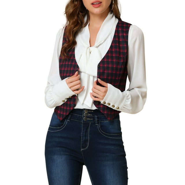 CHAQUETA SIN MANGAS A CUADROS ROJA PARA MUJERES CON ESCOTE EN V Y CINTURA AJUSTADA CON BOTONES ASIMÉTRICA