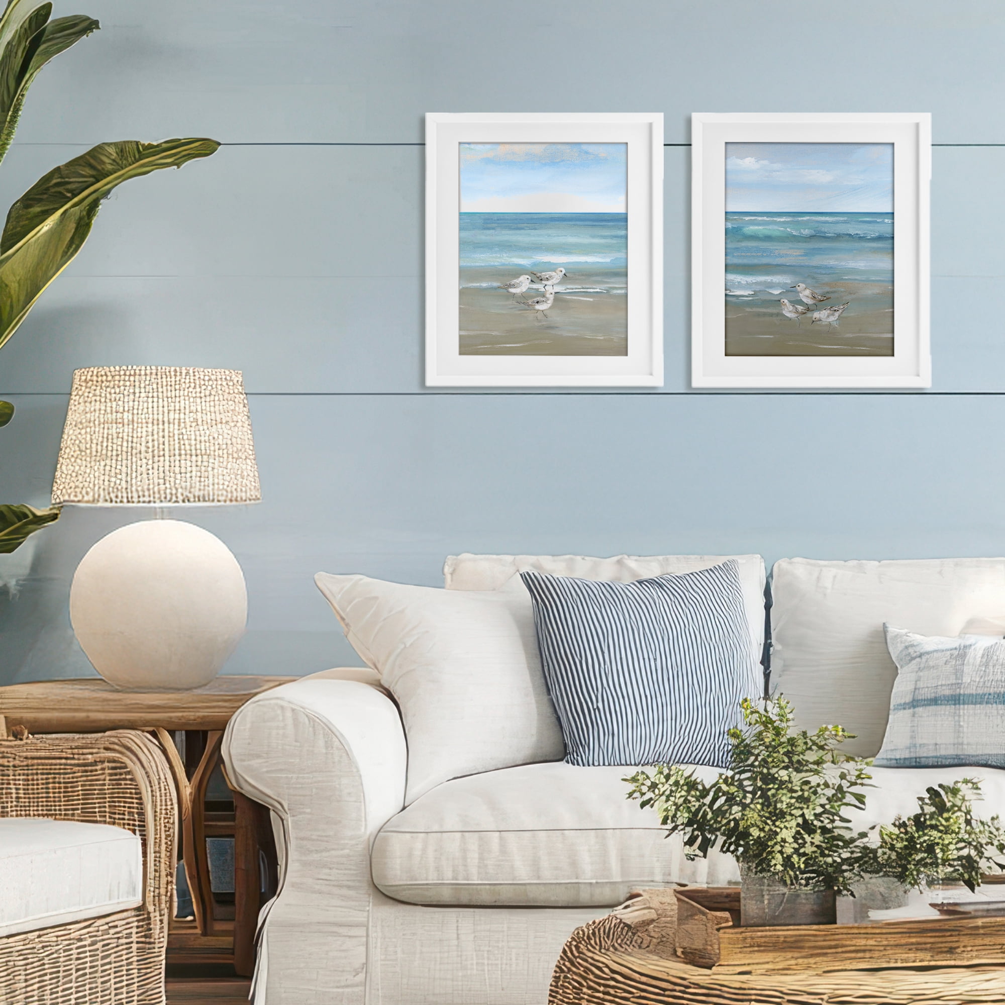 Stupell Industries Seaside Sanderlings at Dawn 2 Piece White Framed Print Under Glass Set, design by Nan