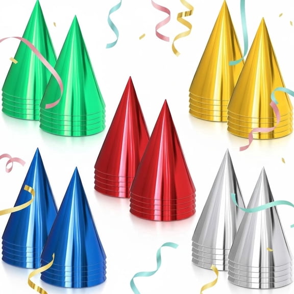 30 Pack Colorful Party Cone Hats, 5 Assorted Colors, 4" x 6.5" Shiny Foil Party Hats for Kids & Adults, Birthdays, New Year & Festivals