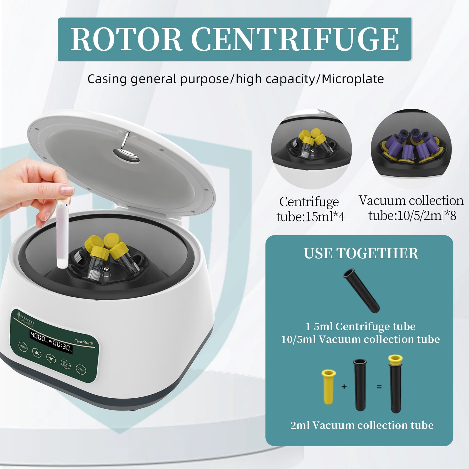 LABHOUSE PRP Centrifuge Machine 8x2ml/5ml/10ml & 4x15ml Benchtop Centrifuge, Digital Speed 500-4000rpm 1717xg RCF with Timer 30sec-99min for Labs, PRP Kits, and School Use