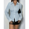 thumbnail image 5 of Women'S Striped Button Down Slim Fit Shirt Long Sleeve Collar Work Blouse Tops Blue XL, 5 of 8