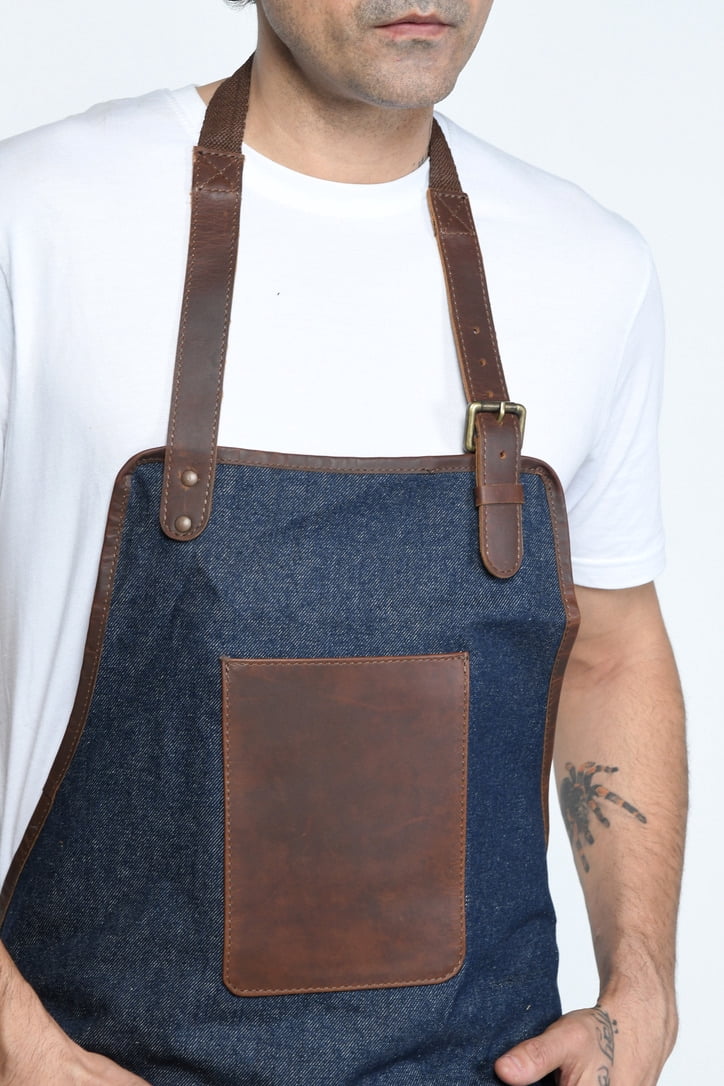 Men's All Purpose Apron in Natural Leather and Denim