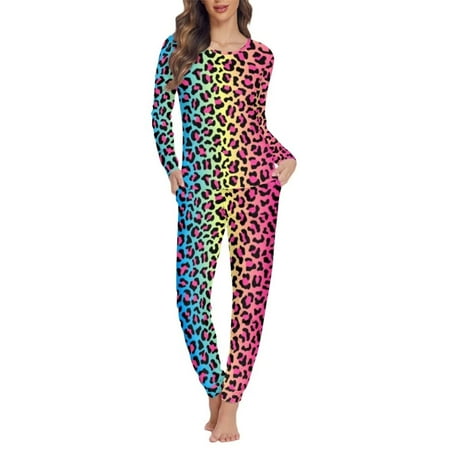 

Renewold Multi-Saeson Sleepwear for Women 2pcs Comfort Soft Walking Jogger Pajama Shirt Set Elastic Colorful Leopard Print Nightwear Lingerie Pullover Tops Size L