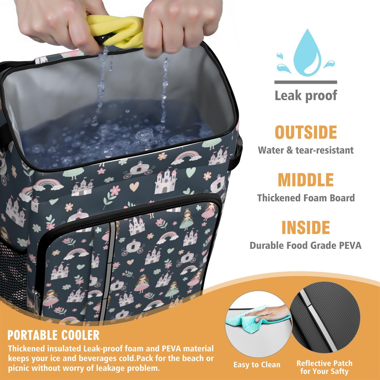 Travel Cooler Bag - Dark Blue Princess Castle Pattern Camping Beer Cooler Backpack with Bottle Opener- Waterproof Insulated Picnic Backpacks - Cooler Bag for Beach