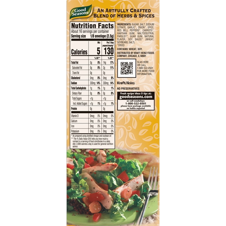 good seasons salad dressing Italian Mix, 2 Packages with Cruet, 1.4 Oz. Net : Cruet : Grocery & Gourmet Food This Italian dressing mix contains 5 calories per serving Good Seasons Dressing Mix :