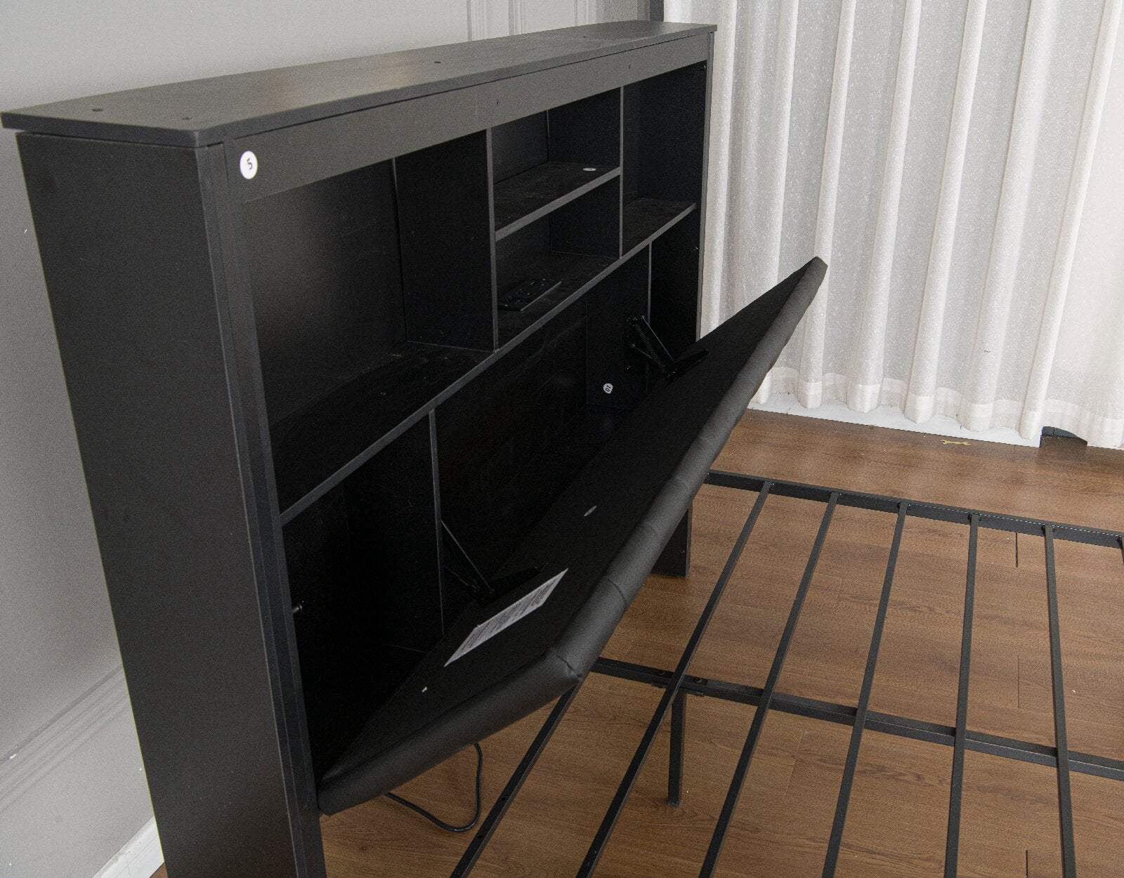 Queen Size Bed Frame with High Storage Headboard and Charging Station, All-Metal Support Bed Frame with LED light and  4 Storage Drawers for Bedroom, Apartment, Mattress not included, Black