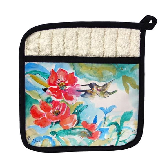 Betsy Drake PT1007 Hummingbird & Red Flower Pot Holder