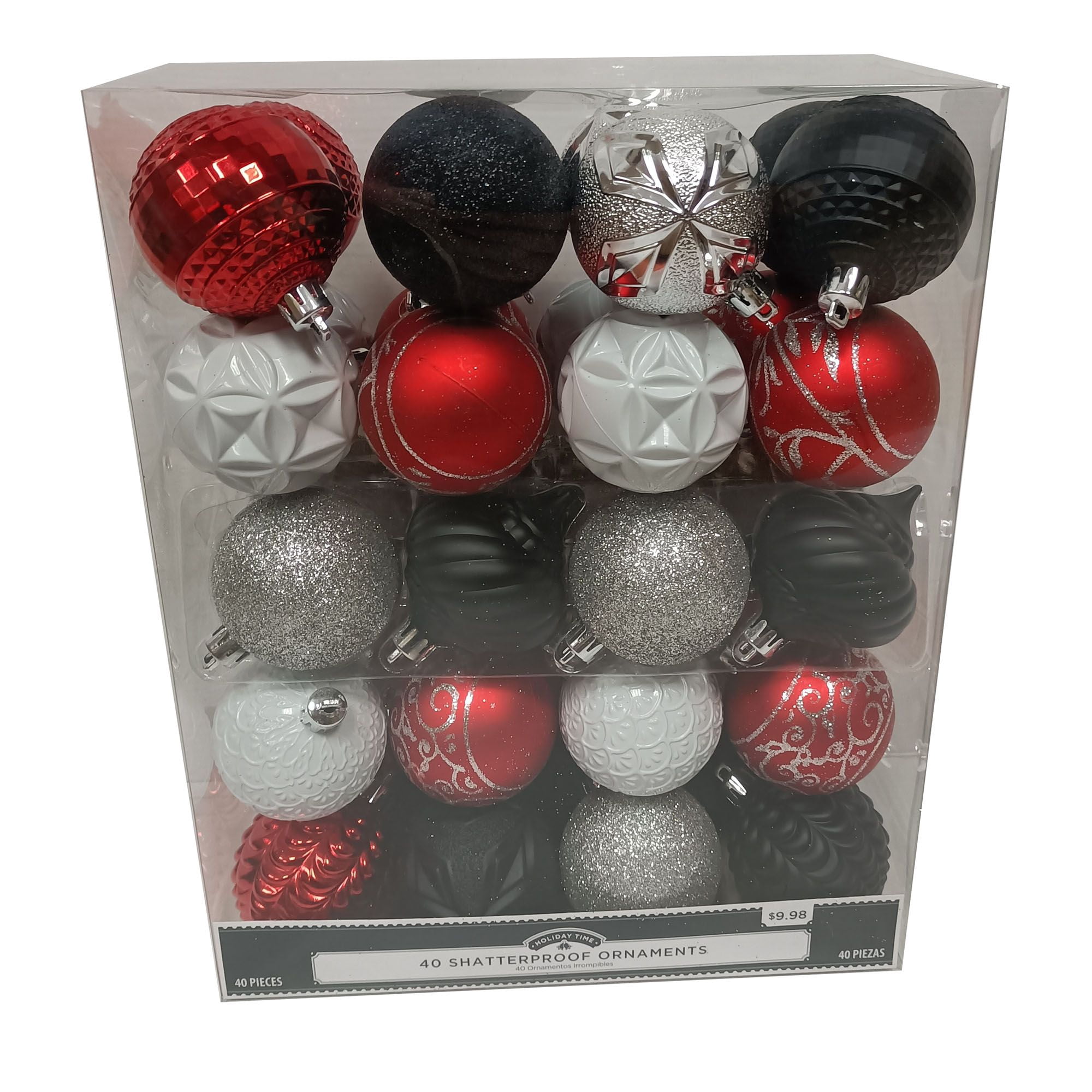Holiday Time 60 mm Christmas Shatterproof Ornaments, Red, Black, White, & Silver, 40-Count