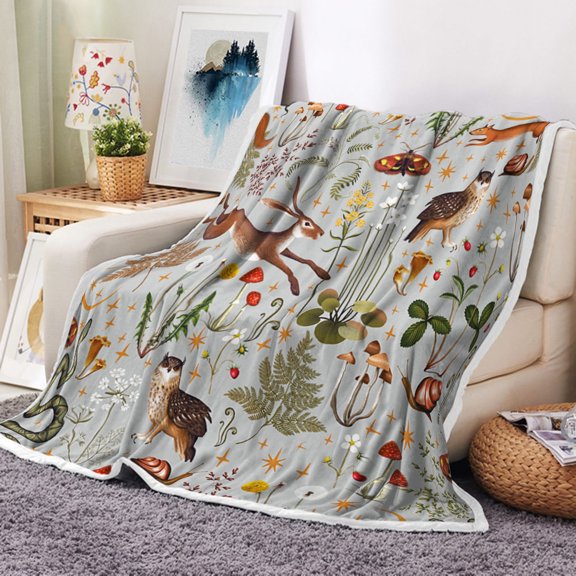 Fairy Rustic Forest Throw Blanket, Country Woodland Wild Animals Butterfly Mushroom Set Hunting Fleece Blanket, Farmhouse Rustic Cabin Lodge Soft Plush Blanket,50X60IN