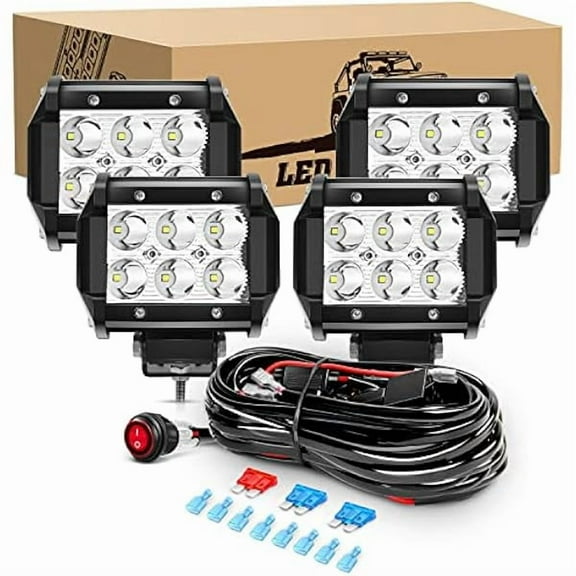 Waywe 4PCS 18W LED Pods Spot Light Bar Fog Light Driving Lighting with 16AWG Off Road Wiring Harness-4 Leads for Truck Golf Cart SUV ATV UTV Boat