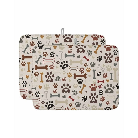 Cat Dog Paw Print Dish Drying Mat, Retro Brown Bones Absorbent Dish Drying Matt Pad for Kitchen Countertops,Sinks,Dish Drainer Racks, Large 18x24inx2 Pcs,