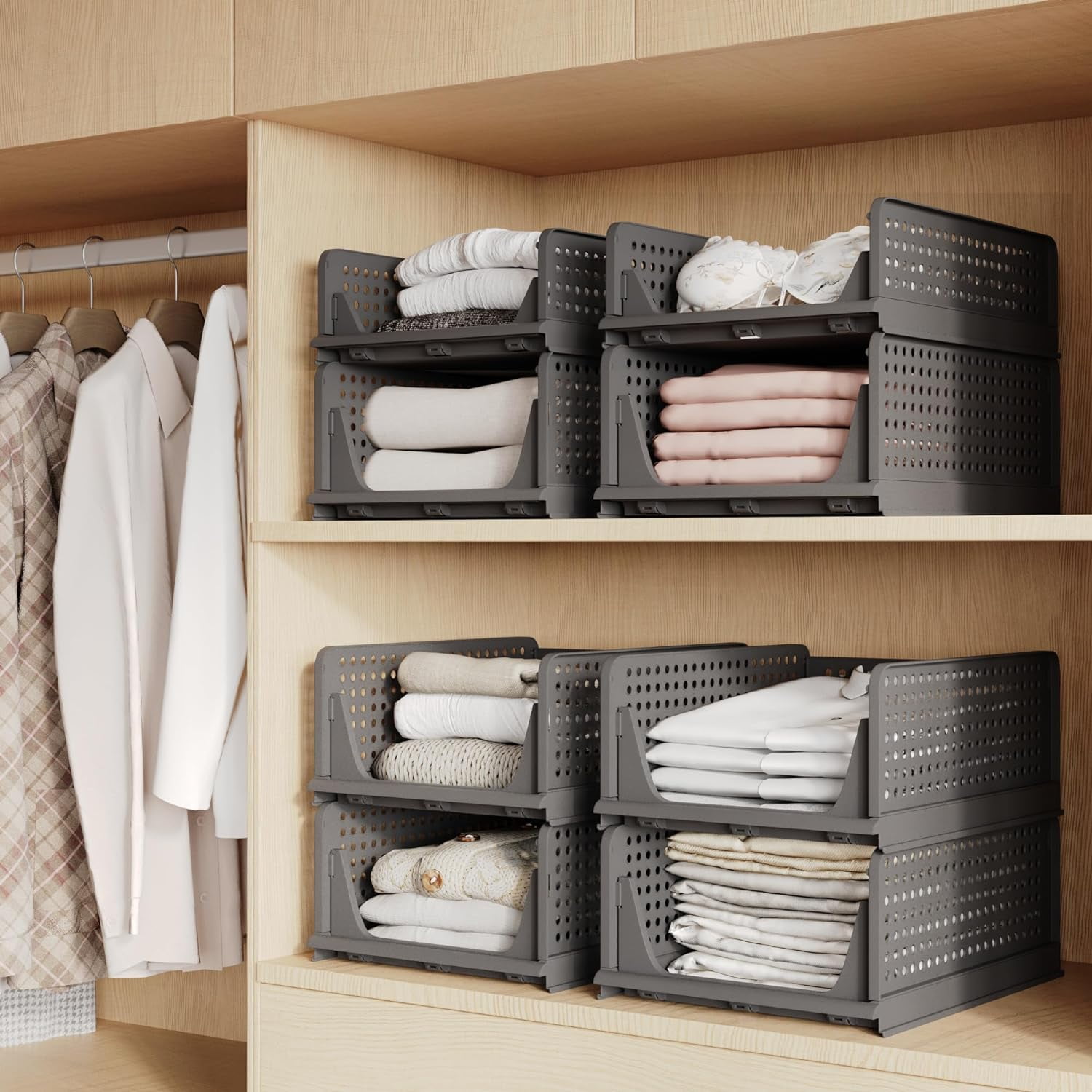 5 Pack Folding Closet Organizers - Stackable Plastic Drawer Basket for Clothing, Shelf Storage Container for Closet, Wardrobe, Bedroom, Bathroom, Office (Black)