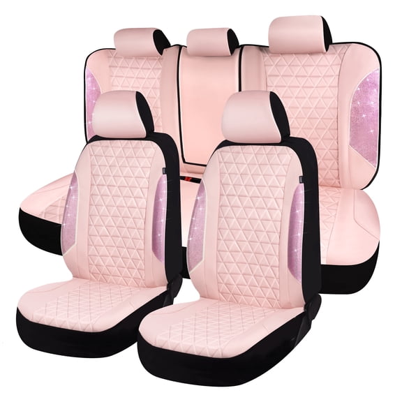 Leather Car Seat Covers Full Set, Bling Diamond Pink Waterproof Universal Fit with Airbag Compatible Armrest Design for SUV Truck Sedan, Cute Gift for Women Girls