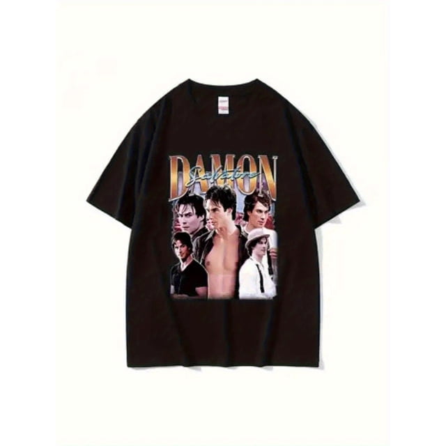 Limited Edition Damon Salvatore Vampire Diaries TV Show Graphic T-Shirt - Vintage Character Print, Unisex Regular Fit Cotton Tee, Black with Vibrant Red & Yellow Design, All-Season