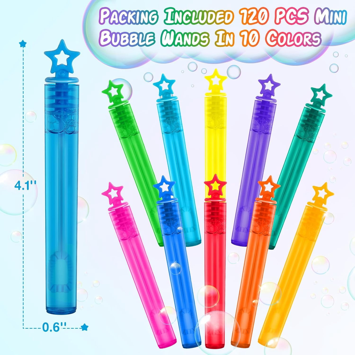 PRESS AND GO 120 Pcs Mini Bubble Wands in 6 Colors, Themed Birthday, Christmas, New Year, Valentine, Carnival