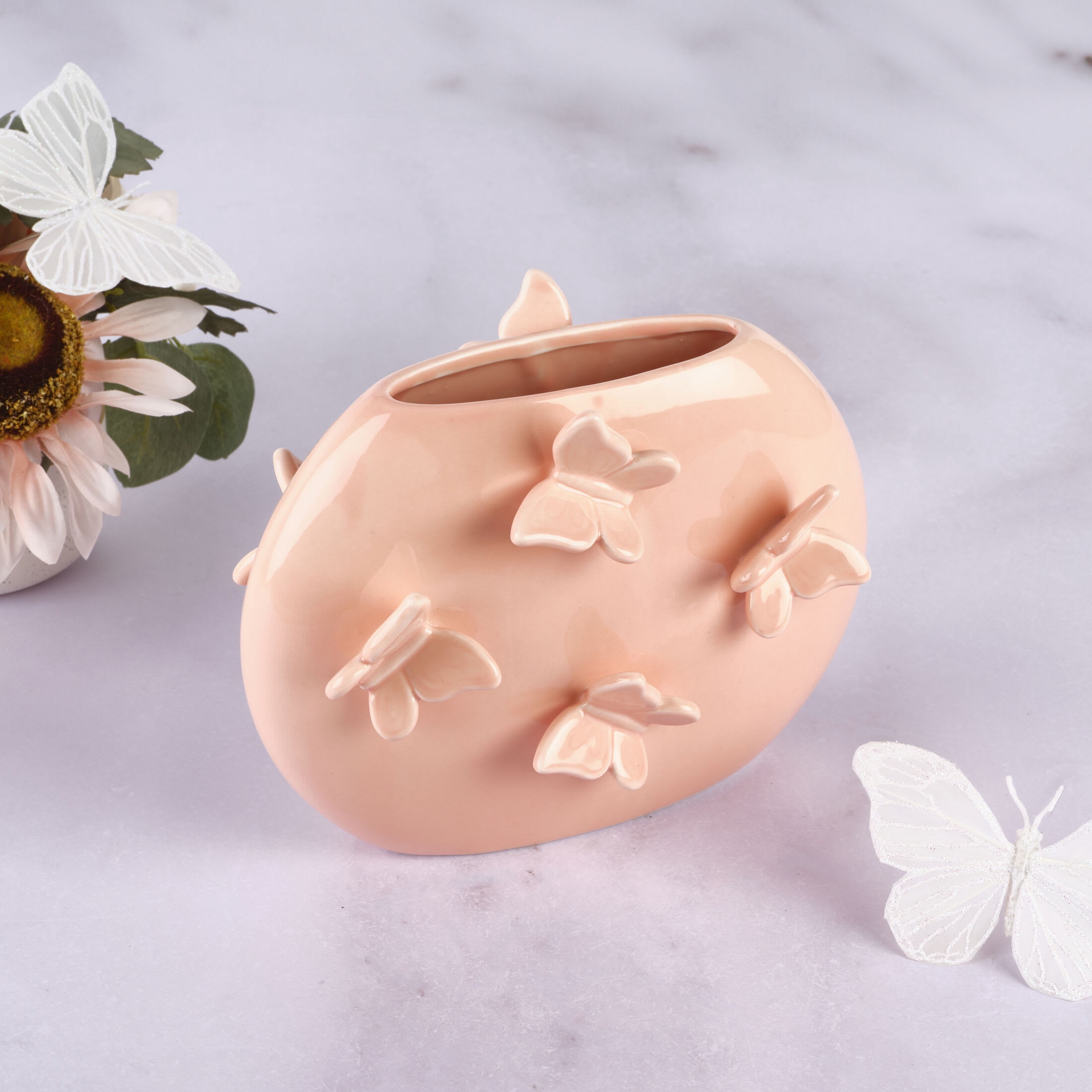 Dolly Parton 6.75 in Pink Butterfly Ceramic Oval Vase