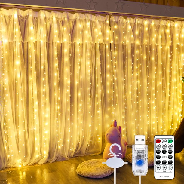 Luces de cortina SINAMER 600 LED de 6 m x 3 m, color blanco cálido