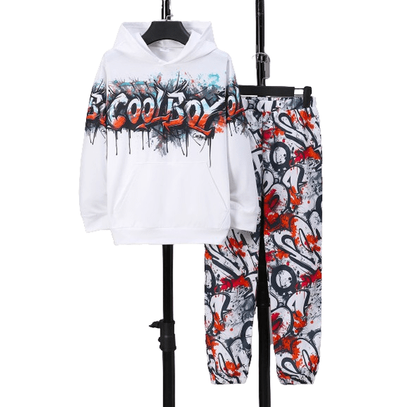 Mikrdoo Big Boys Fall Winter Clothes Color Graffiti Print Casual Fashion Matching Hooded & Elastic Full Print Trousers 2Pcs Outfits Sizes 7-15