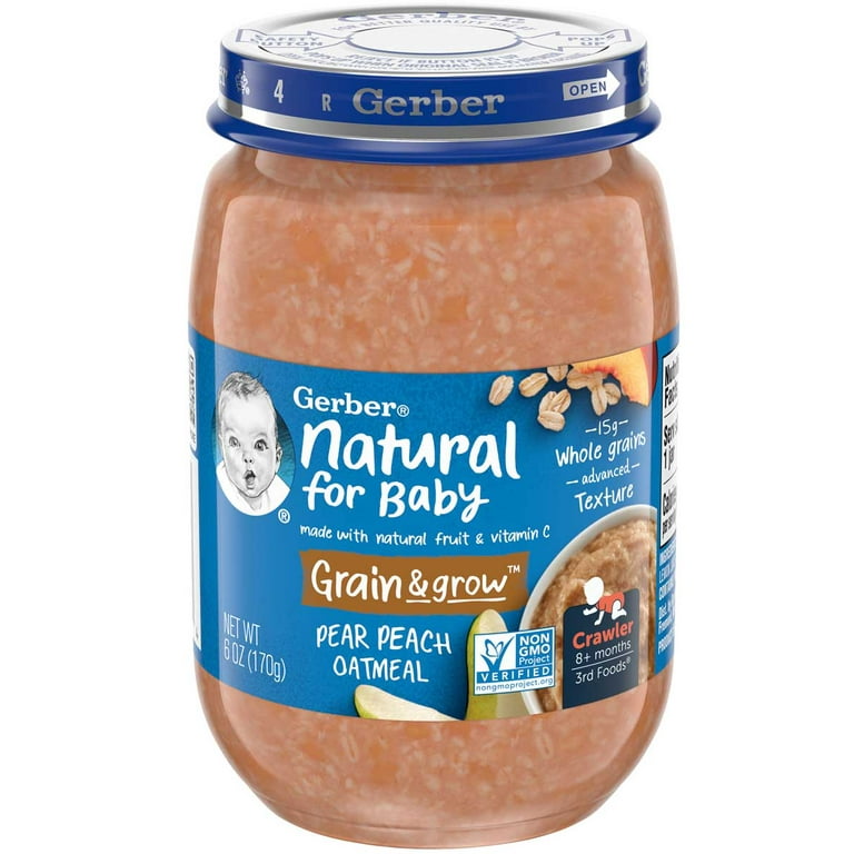 Gerber Natural for Baby Grain Grow Stage 3 Baby Food Pear Peach Oatmeal 6 oz Jar 12 Pack