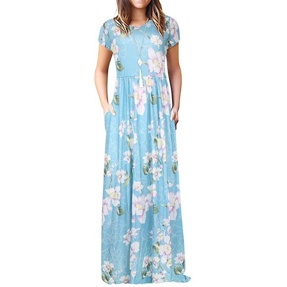 Women’s Casual Floral Short Sleeve Loose Plain Long Maxi Dress With Pockets