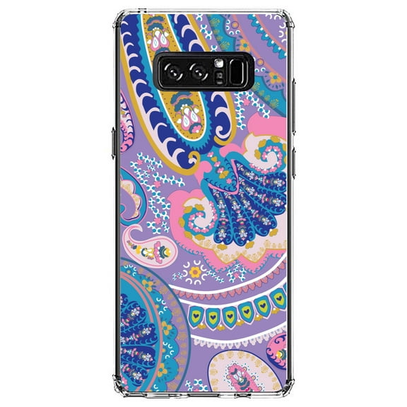 DistinctInk Clear Shockproof Hybrid Case for Samsung Galaxy Note 8 - TPU Bumper, Acrylic Back, Tempered Glass Screen Protector - Purple Pink Blue Paisley