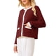 thumbnail image 4 of Suéter de cardigan de botón para mujer INSPIRE CHIC, cuello redondo, con ribete en contraste, de manga larga, tejido acanalado, talla S, rojo oscuro, 4 of 5