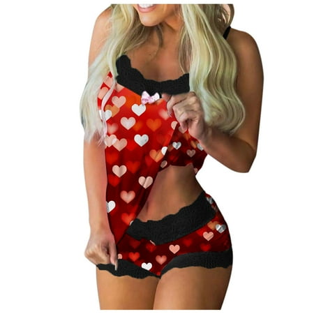 

EHTMSAK Womens Love Print Lace 2 Piece Sleepwear Loungewear Cami Top Shorts Nightwear Pj Set Pajamas Set B One Size