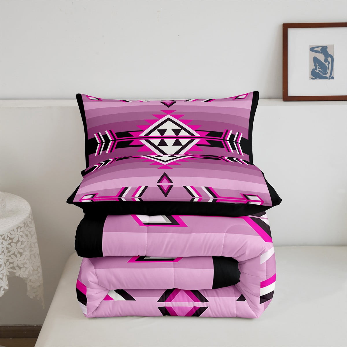 Western Aztec Quilt Set Pink Black Boho Comforter Set King Adults Women,American Southwestern Bedding Sets Exotic Tribal Geometric Bed Set 3 Pcs