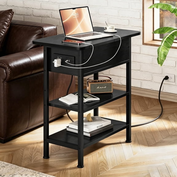 End Table with Charging Station, Flip Top Side Table with USB Ports and Outlets, 3-Tier Storage End Table for Small Spaces, Living Room, Bedroom, Black