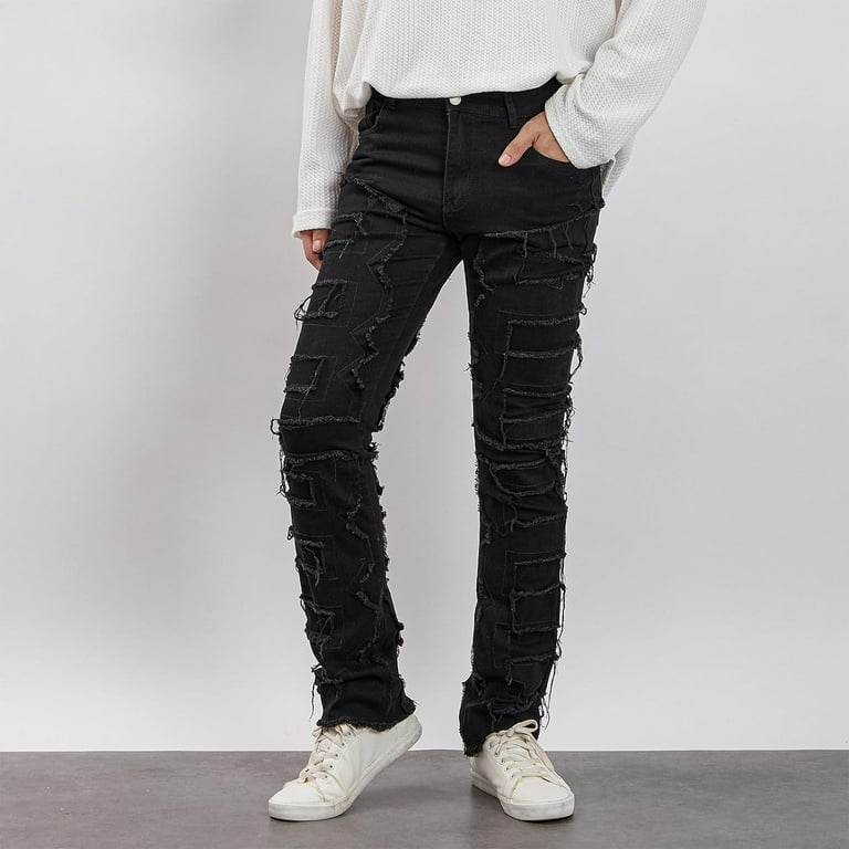 CHUNTIAN Men's Black Stacked Jeans Ripped Jeans Patch
