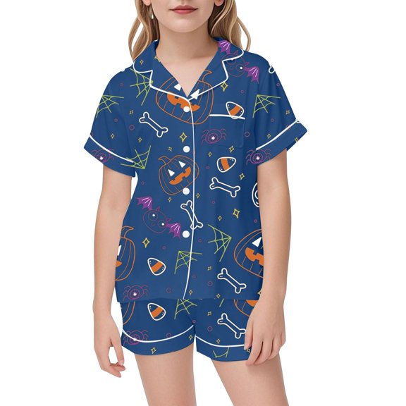 SJLDQY Halloween Girls Pajama Sets Button Down Short Sleeve Shirts Shorts 2 Piece Pj Sets Hallowmas Printed Sleepwear Breathable Soft Loungewear Sets for Girls
