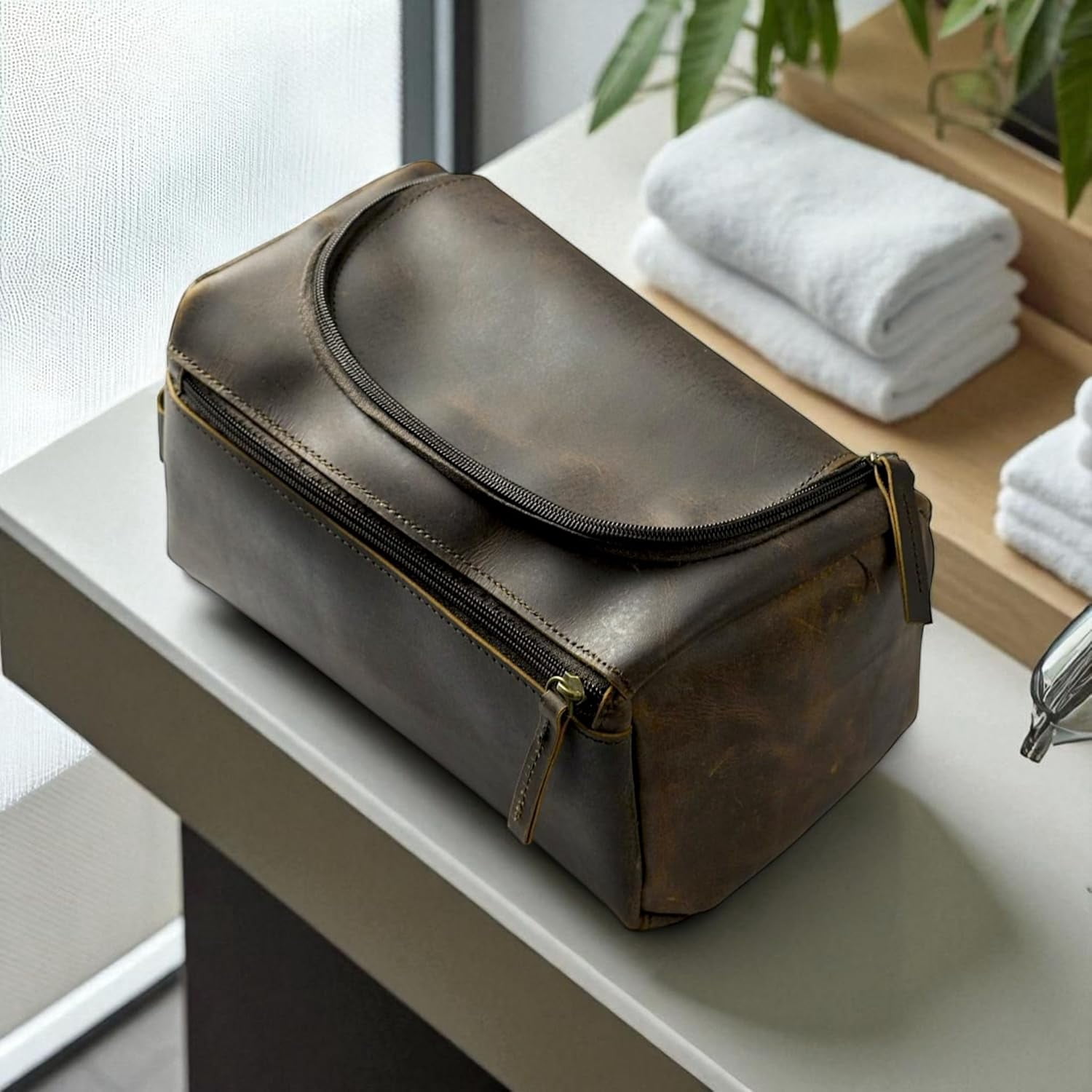 Personalized Hand Crafted Leather Toiletry Bag for Men, Shaving Bag, Travel Pouch, Engraved Monogrammed Leather Dopp Kit, Gift for Men,Boyfriend,Birthday, Travel Size Toiletries size (10" x 5" x 4.5"