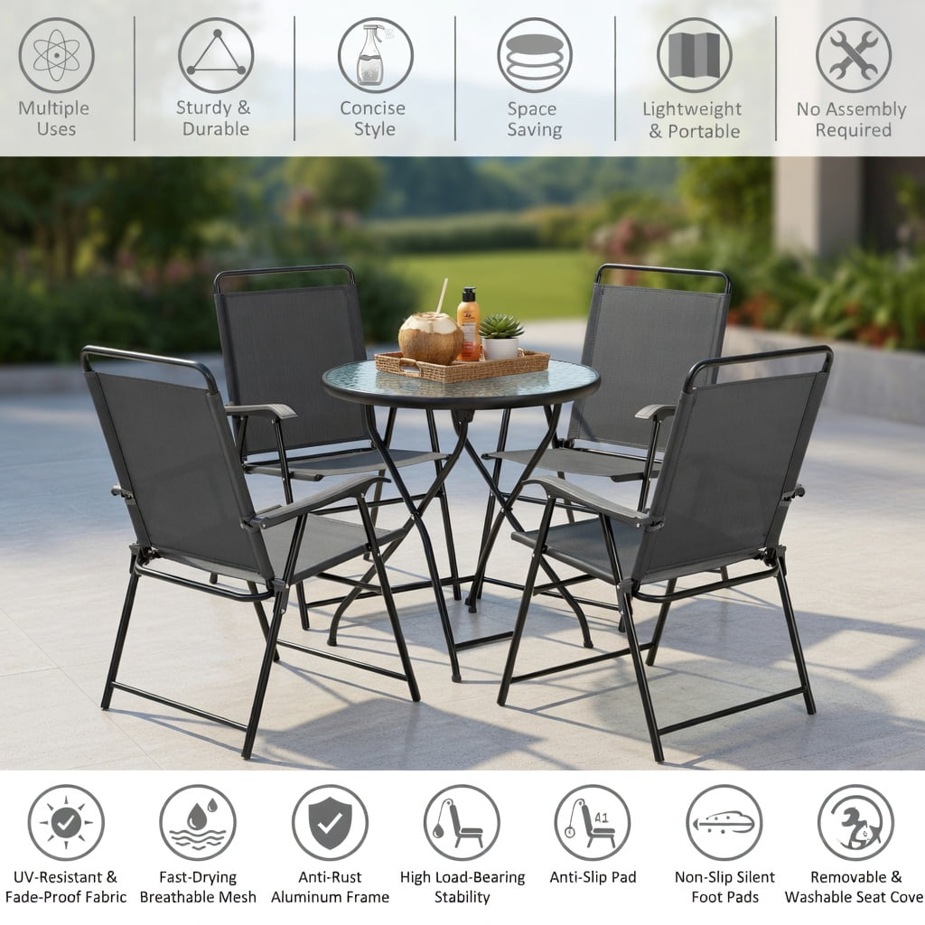 Hommoo 4-Pack Portable Outdoor Folding Chairs with Armrests, Heavy-Duty Steel Frame, Breathable Fabric, Compact Foldable Design for Patio, Garden & Balcony, Gray