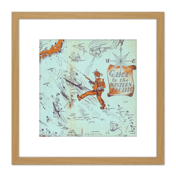 1945 Pictorial Map Guide To The Western Pacific 8X8 Inch Square Wooden Framed Wall Art Print Picture with Mount