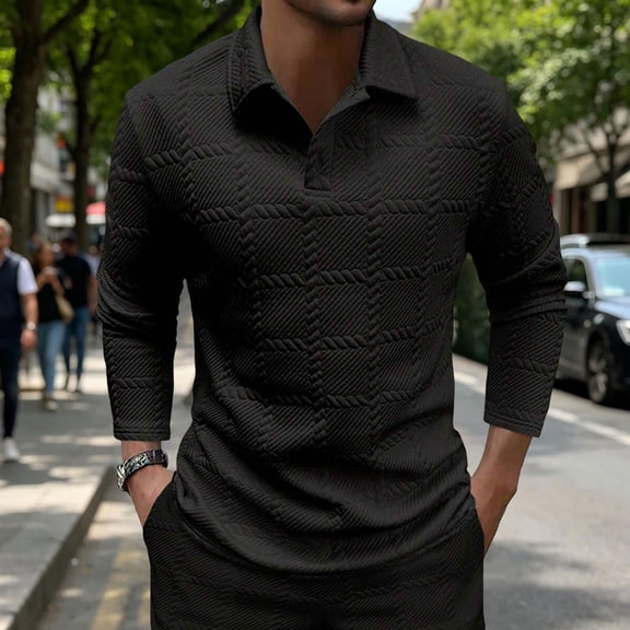 COSFO Knit Polo Shirts for Men Black Casual Long Sleeve Shirts Jacquard Collared Classic Fit Pullover Men Shirts