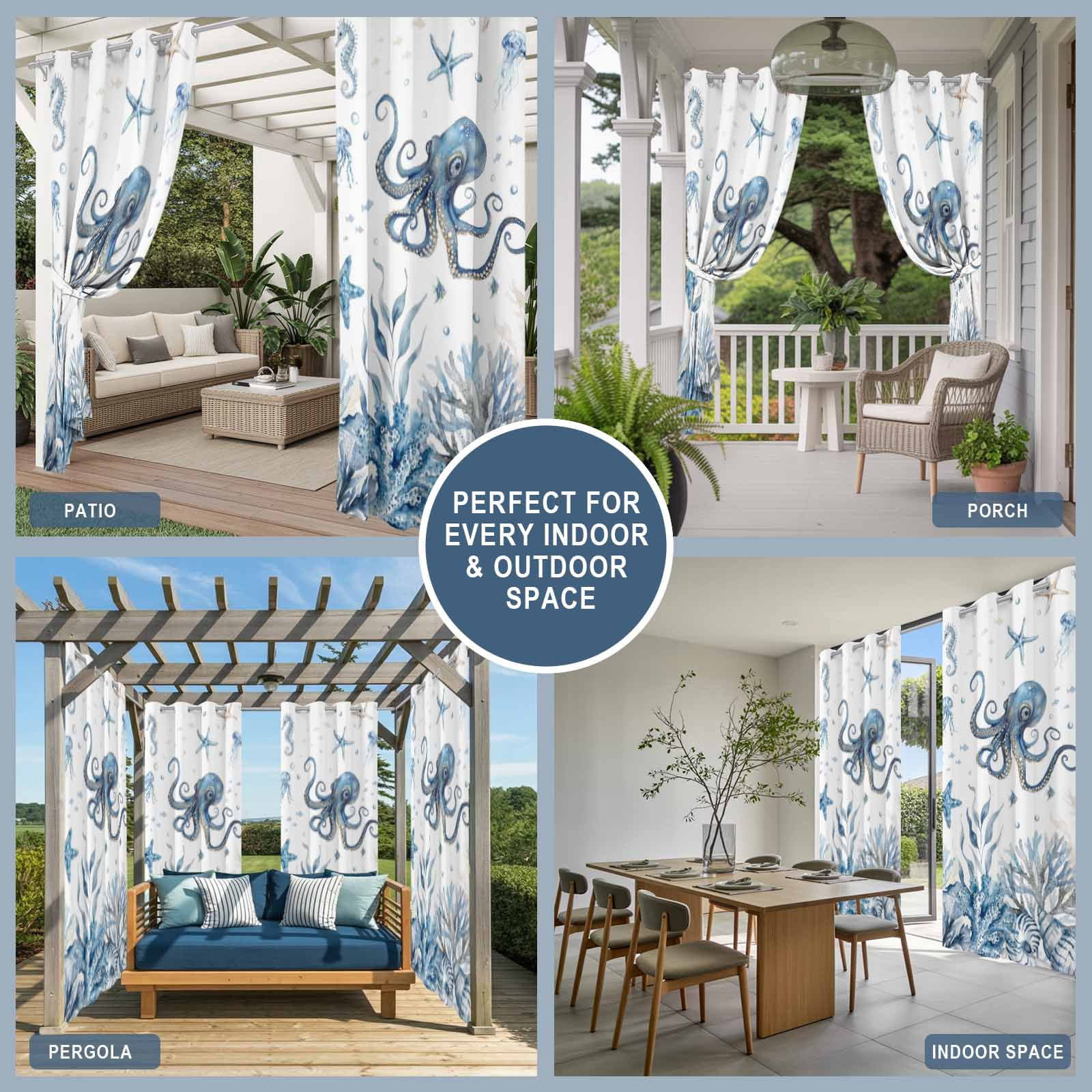 Marine Life Outdoor Curtains for Patio, Ocean Octopus Coral Sea Star Seashell Jellyfish Coastal Sunshade Privacy Drapes Grommet Waterproof Outside Curtains for Porch/Cabana/Balcony 54"x 108", 1 Panel
