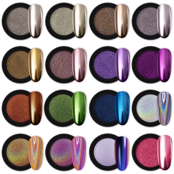 Rongsi 16 Jars Chrome Nail Powder Metallic Mirror Effect Holographic Aurora Chameleon Pigment 1g/Jar for Nail Art Polish Mermaid Unicorn Dipping Powder suit