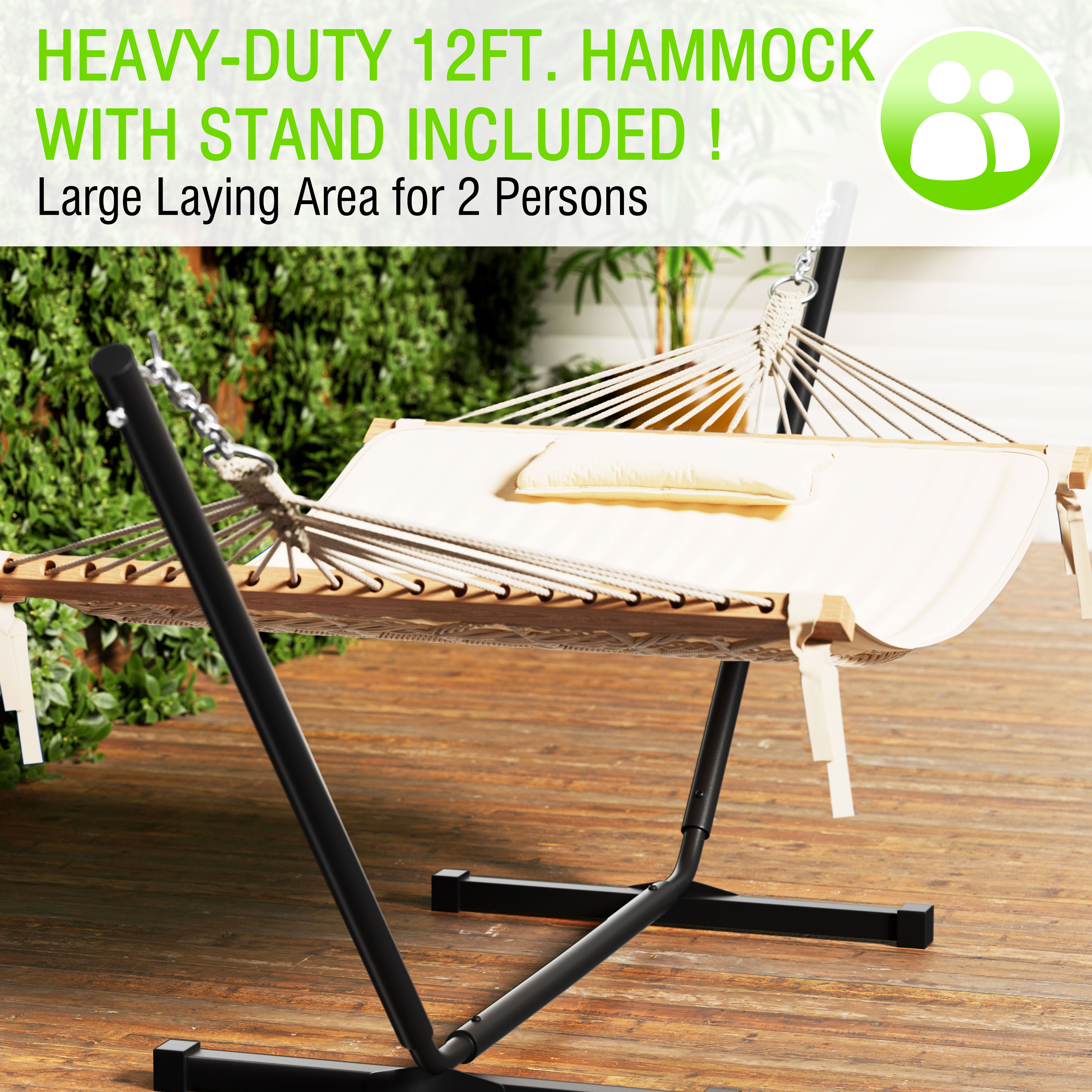 VEIKOUS 2-Person Hammock w/Metal Stand, Detachable Pad & Pillow 450lbs Weight Capacity, White