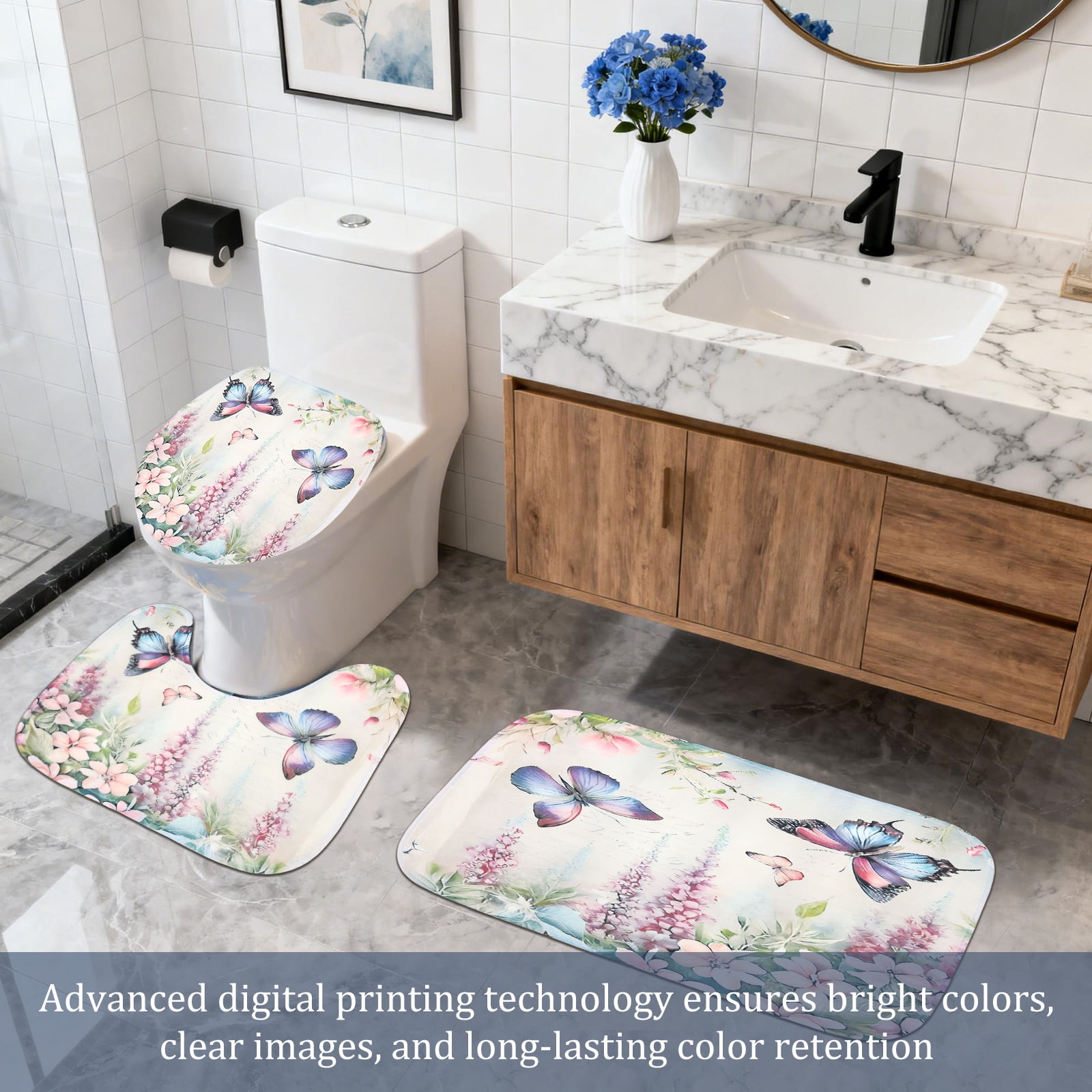Dznils White Floral Shower Curtain Sets with Rugs, 16pc Butterfly Bathroom Curtain Set, 72" x 72"