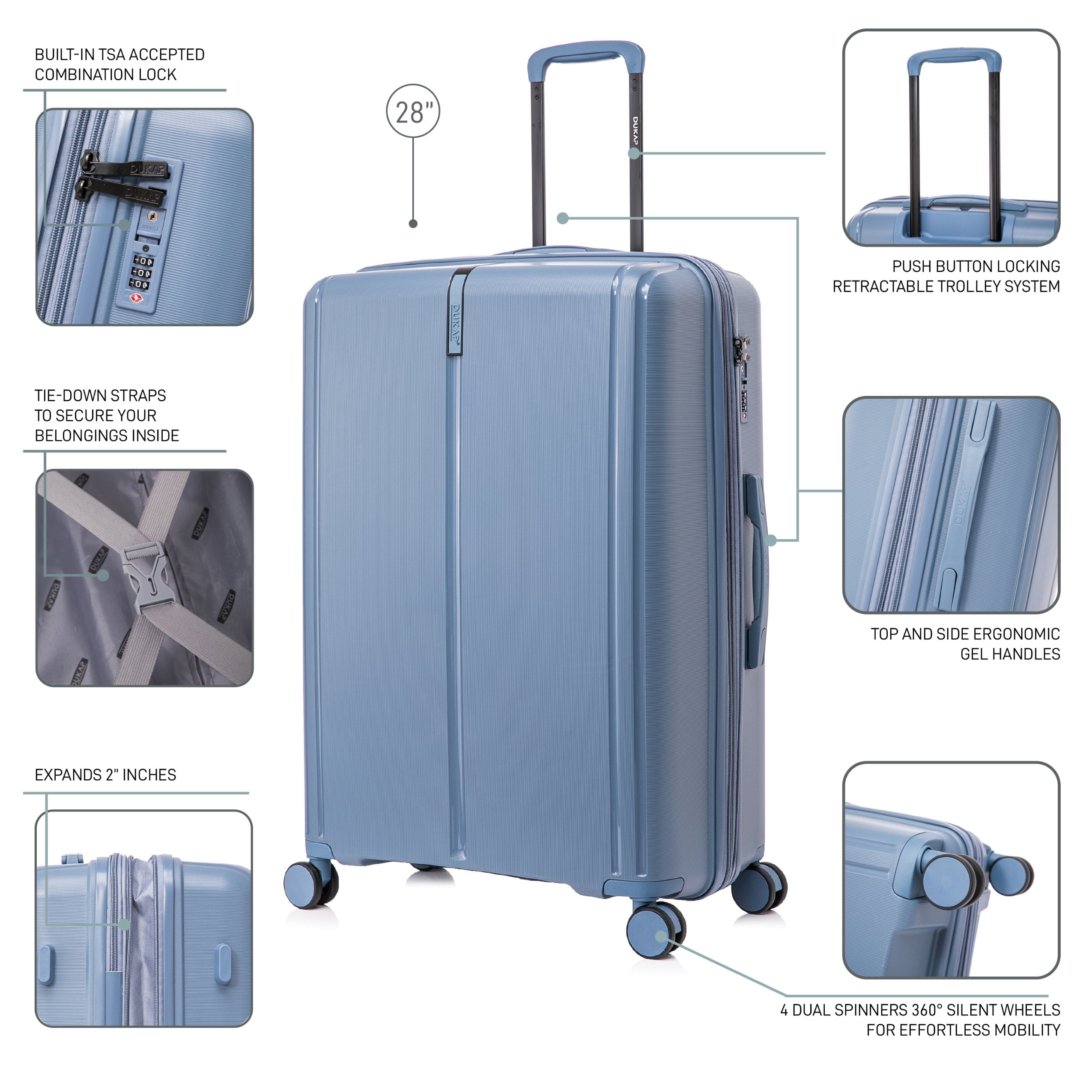 DUKAP AIRLEY 28" Lightweight Hardside Checked Luggage with Spinner Wheels, Handle and Trolley, Blue