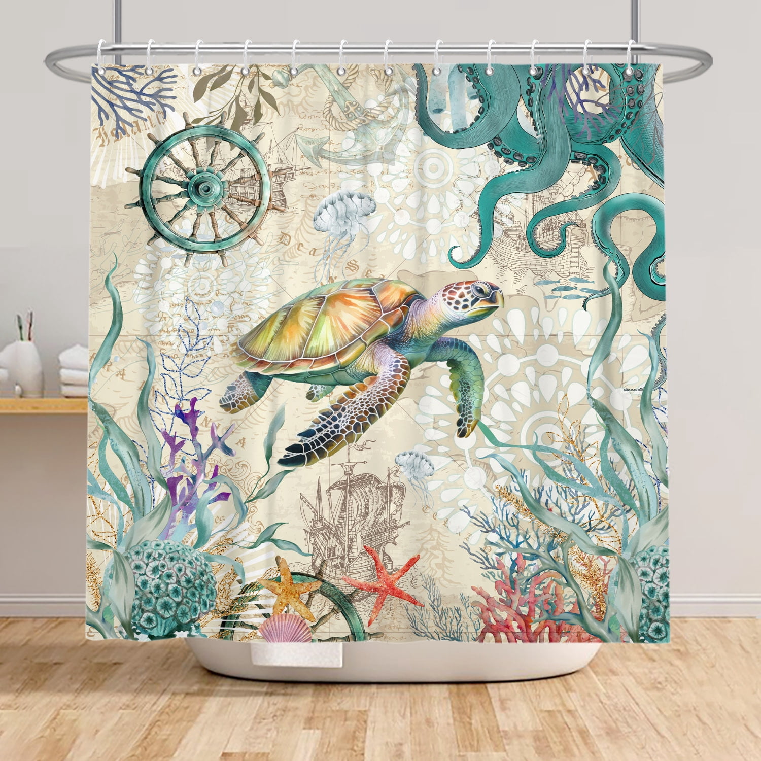 SUNOLIFE Sea Turtle and Octopus Shower Curtain,Nautical Coastal Beach Theme Waterproof Fabric Bathroom Curtain with Hooks,72x72 in