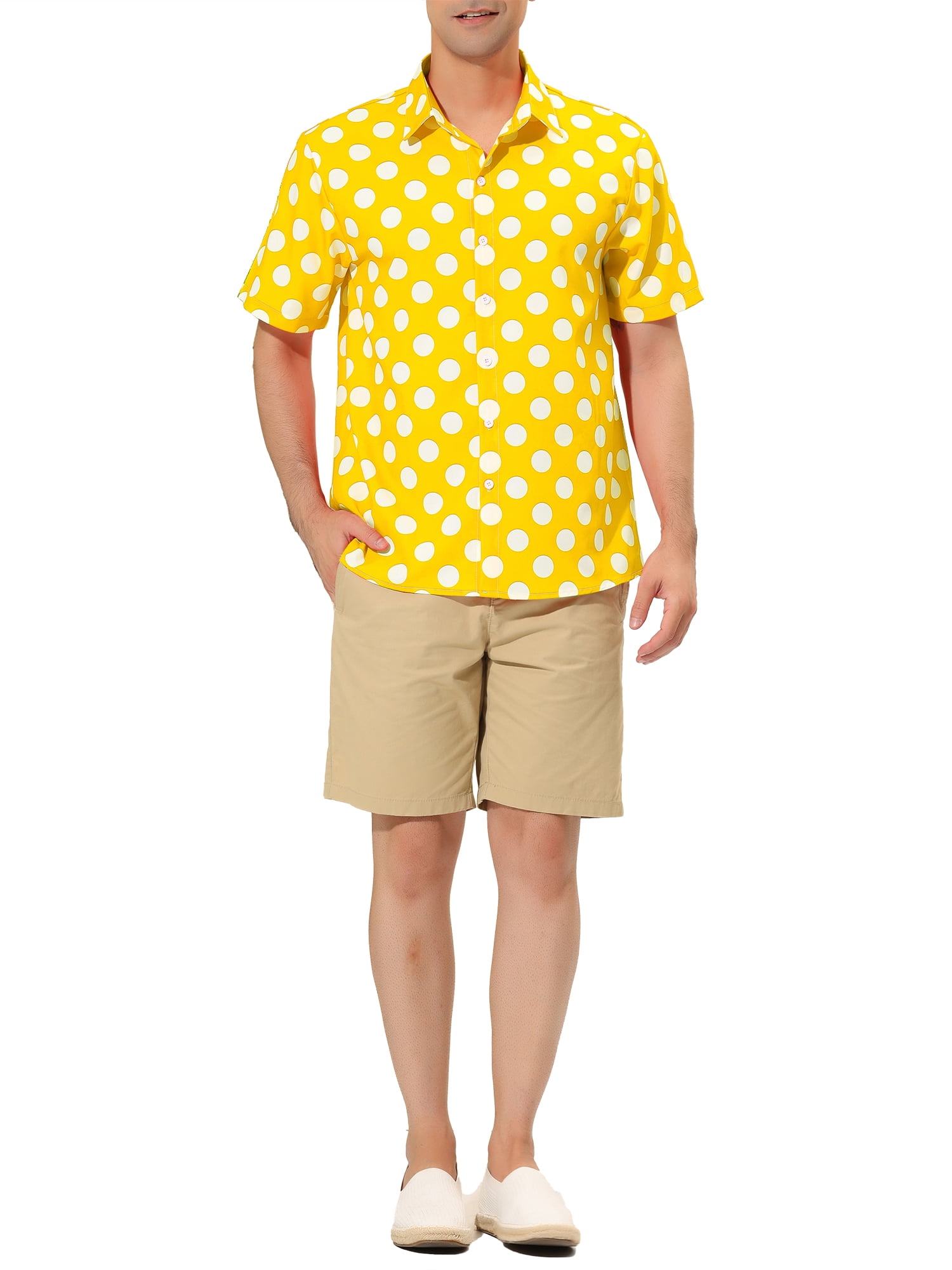 Unique Bargains Men's Summer Polka Dots Shirt Button Down Short Sleeves Shirts XL Yellow