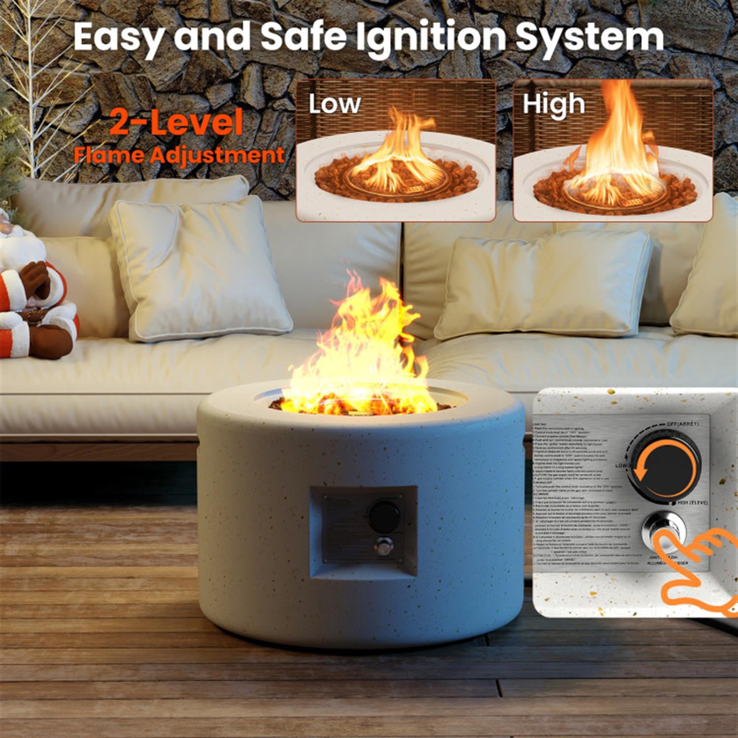 Demi Bonn 40 000 BTU 25" Round Terrazzo Propane Gas Fire Pit with Hideaway Tank Holder and Lava Rocks, White