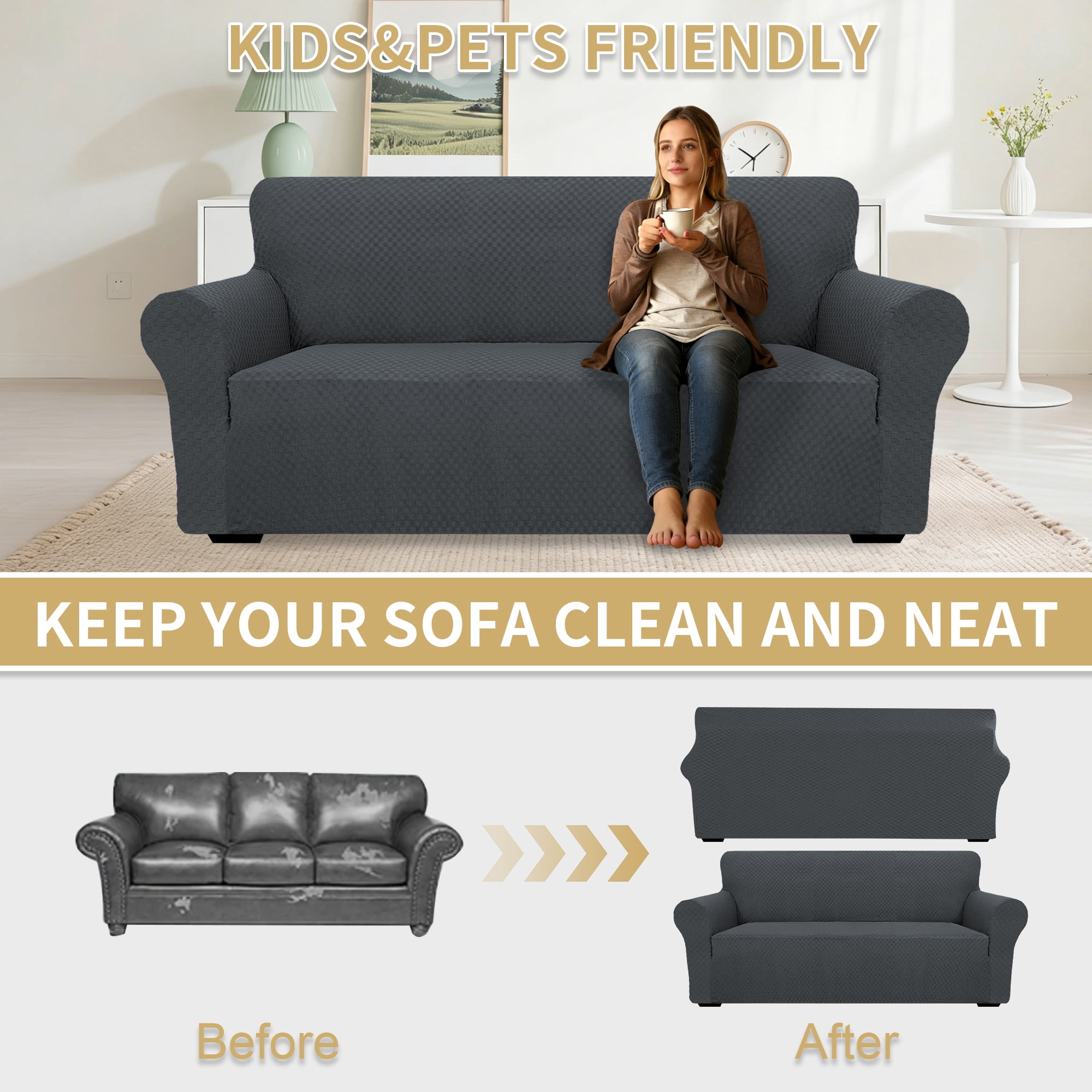 JIATER 1-Piece Sofa Cover Stretch Couch Cover Washable Sofa Slipcover Furniture Protector for Loveseat Sofa,Dark Gray